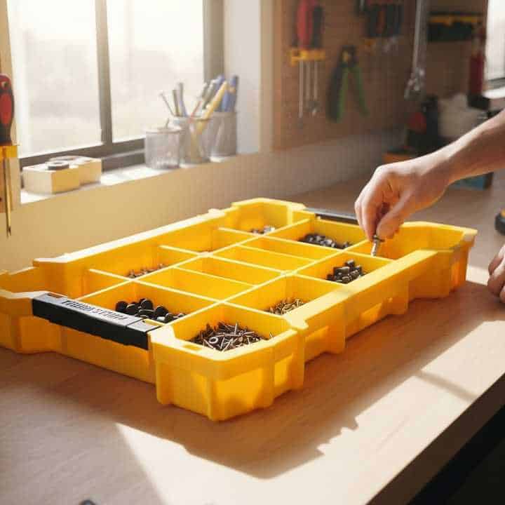 Shallow organiser tray / nesting cup with dividers compatible with